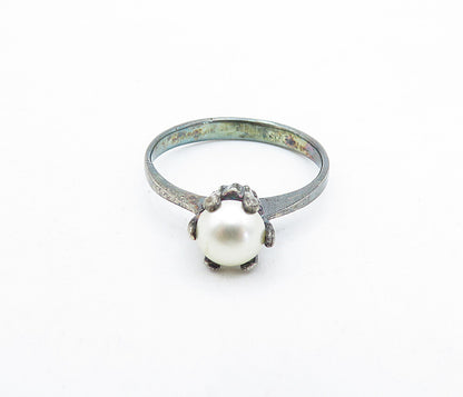 925 Sterling Silver Vintage Petite Pearl Dark Tone Solitaire Ring Sz 7 RG5197