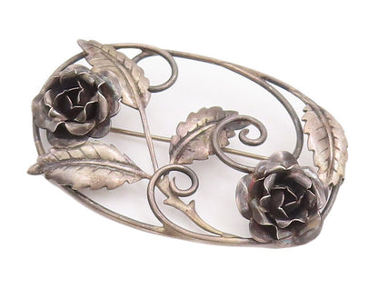 925 Sterling Silver Vintage Brooch Pin Designer Oval Cutout Flowers  BP10930