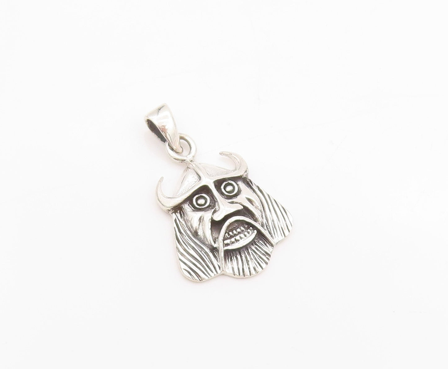 925 Sterling Silver Vintage Pendant Dark Tone Carved Viking Head Charm  PT24431