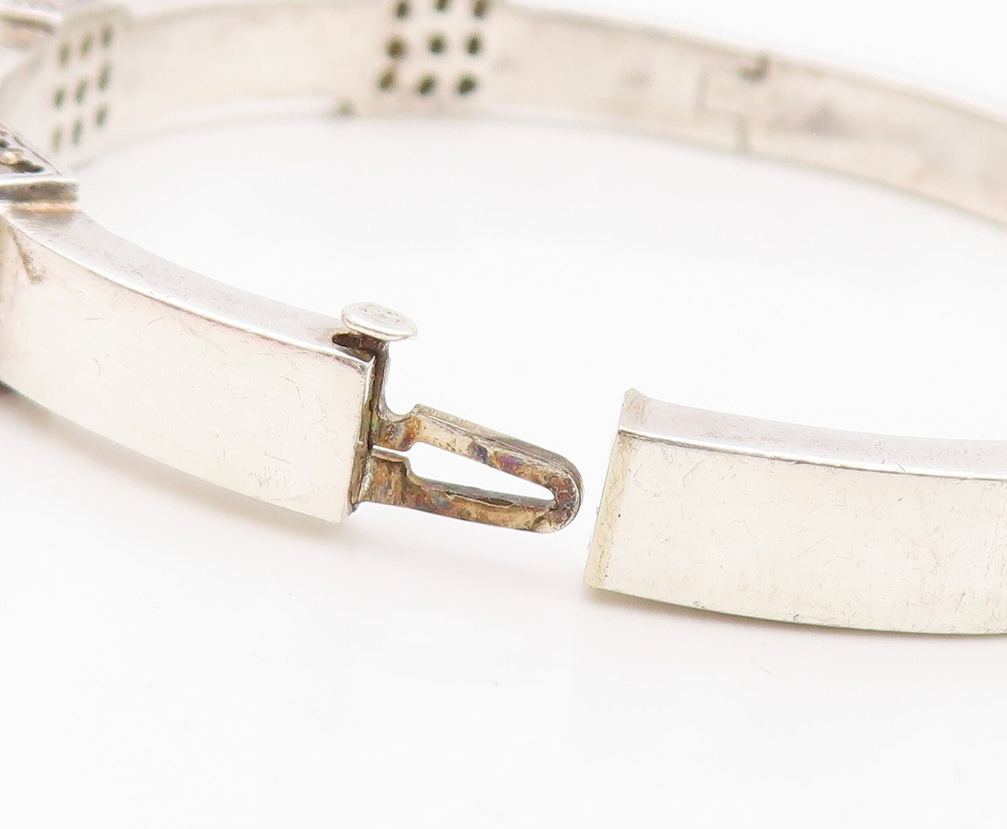 925 Sterling Silver Vintage Bracelet Hinged Bangle Topaz Square Inlay  BT10812