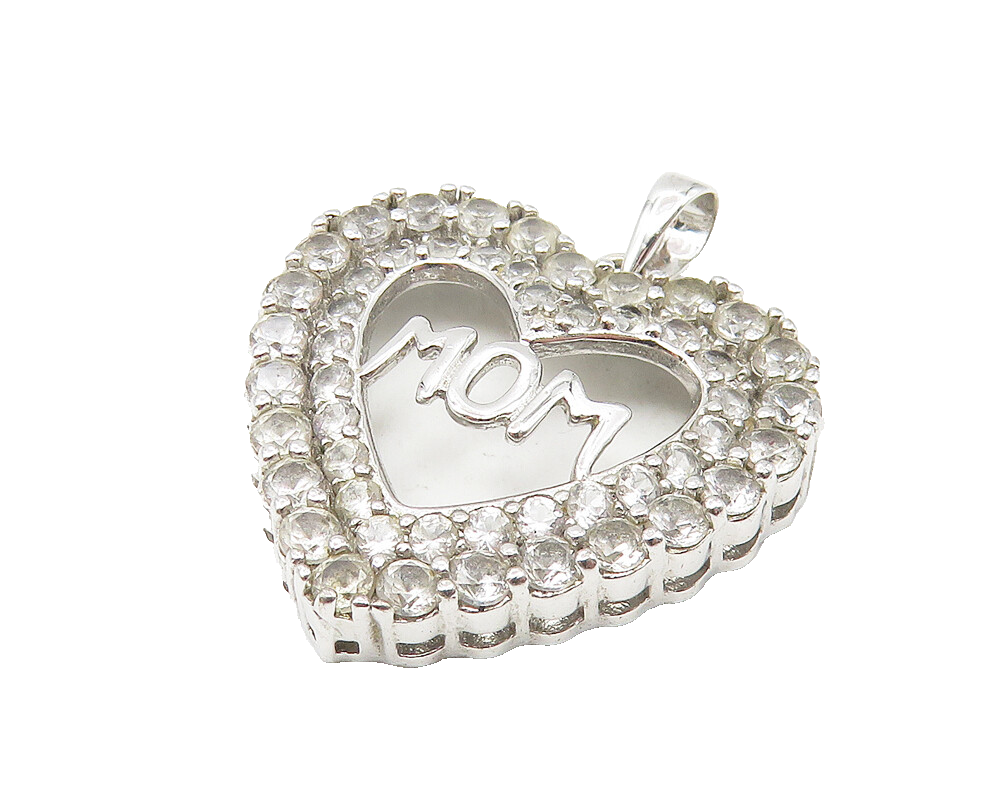 925 Sterling Silver  Vintage Shiny Topaz Mom Love Heart Drop Pendant  PT9007