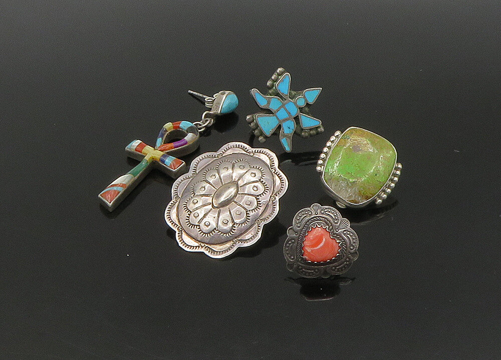 ZUNI NAVAJO 925 Sterling Silver Vintage Multi Stone Lot Single Earrings EG11217