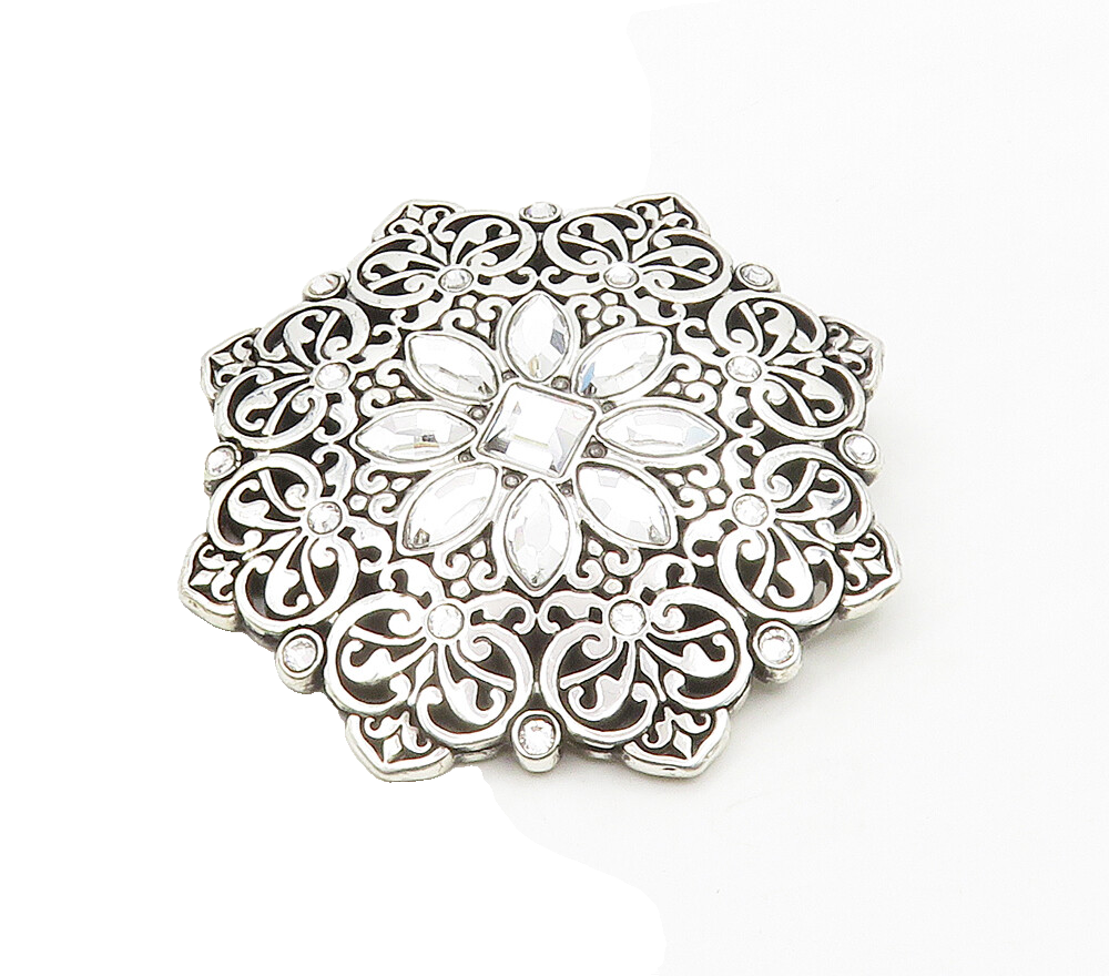 925 Sterling Silver  Sparkling Cubic Zirconia Ornate Flower Pendant  PT12317