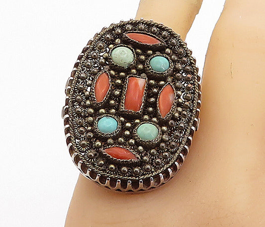MIDDLE EASTERN 925 Silver  Vintage Turquoise & Coral Twist Ring Sz 8.5  RG7036