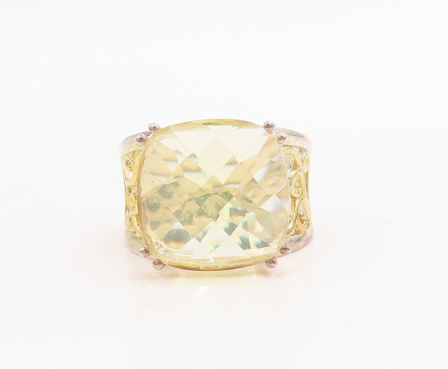 14K Gold 925 Sterling Silver Vintage Ring Swirly Cutout Citrine  Sz 7  RG30950