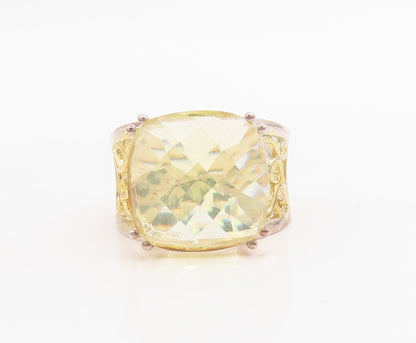 14K Gold 925 Sterling Silver Vintage Ring Swirly Cutout Citrine  Sz 7  RG30950