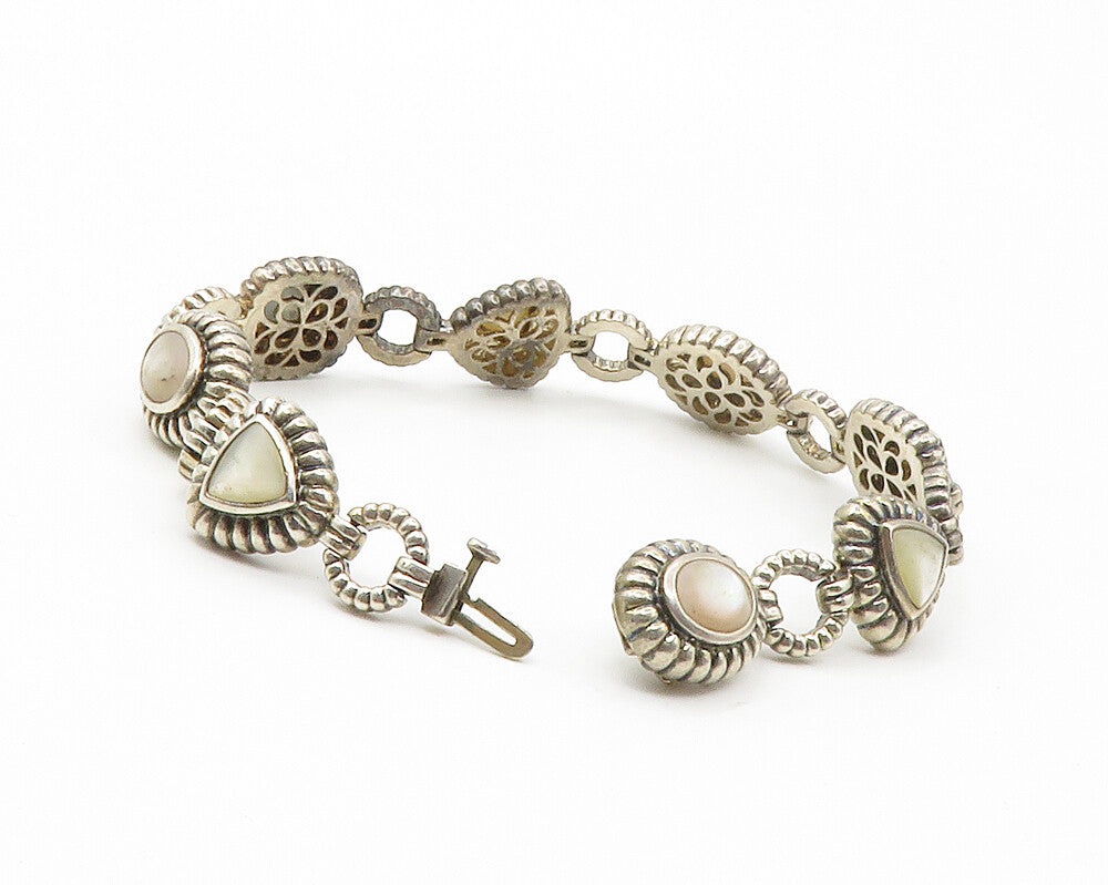 925 Sterling Silver  Vintage Mother Of Pearl Fluted Chain Bracelet  BT5380