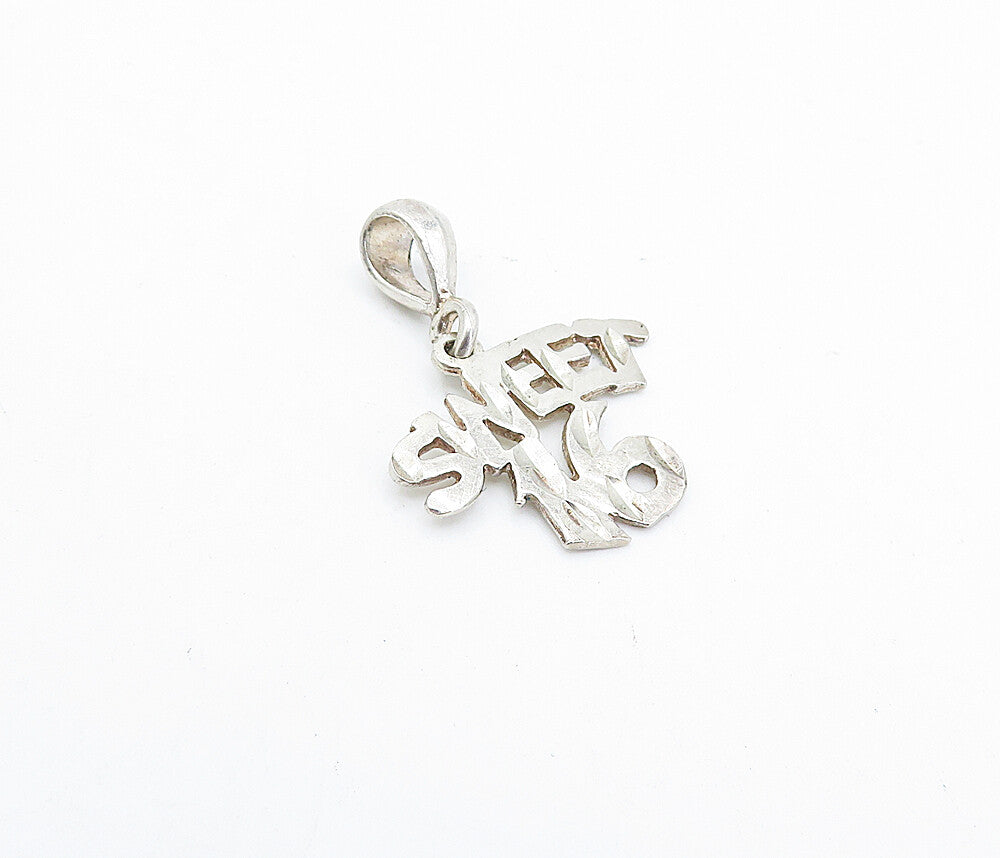 925 Sterling Silver Vintage Petite Shiny Etched Sweet 16 Drop Pendant PT2655
