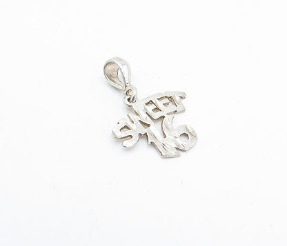 925 Sterling Silver Vintage Petite Shiny Etched Sweet 16 Drop Pendant PT2655