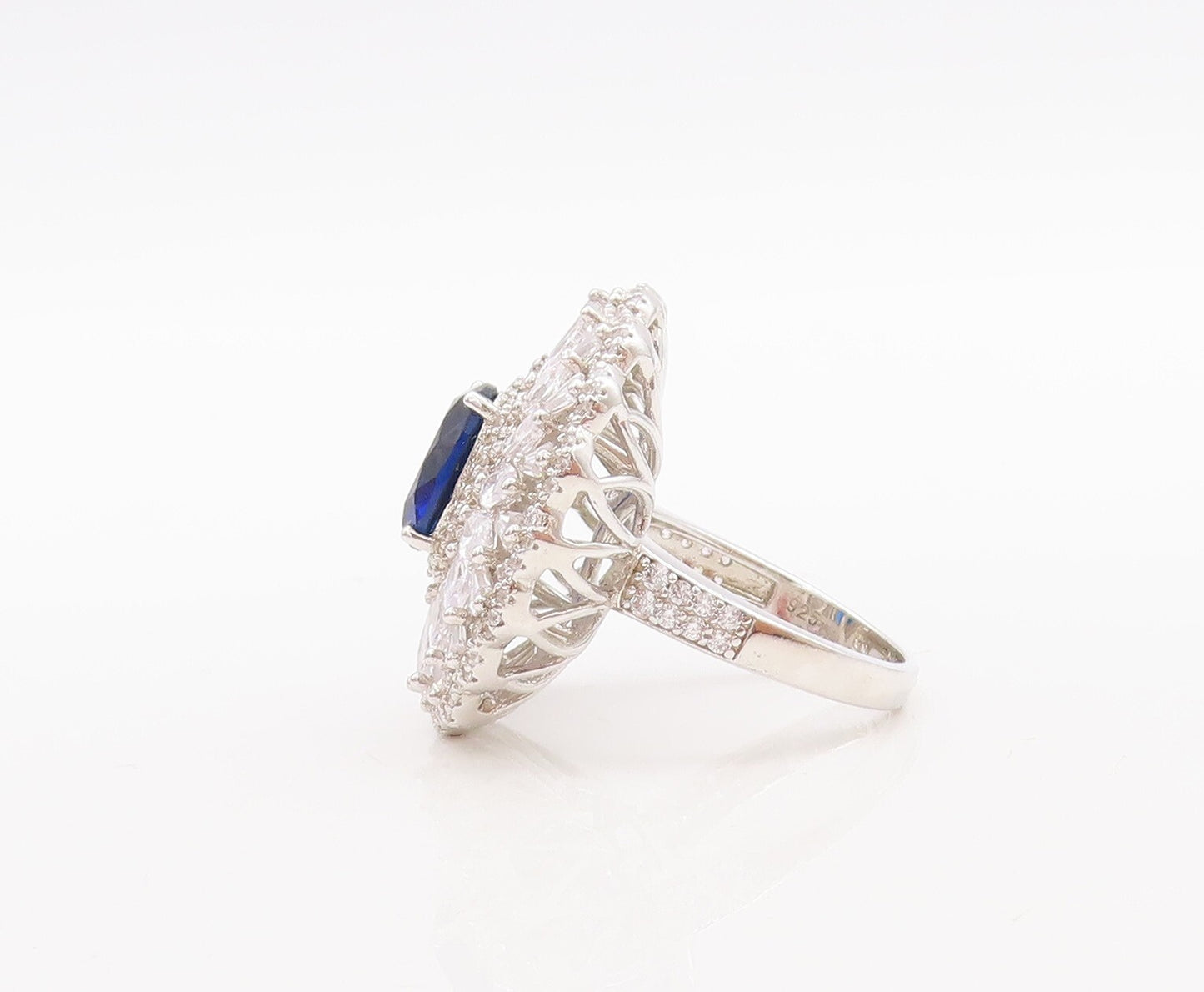 925 Sterling Silver Vintage Ring Sapphire & CZ Floral Inlay  Sz 7.5  RG29808