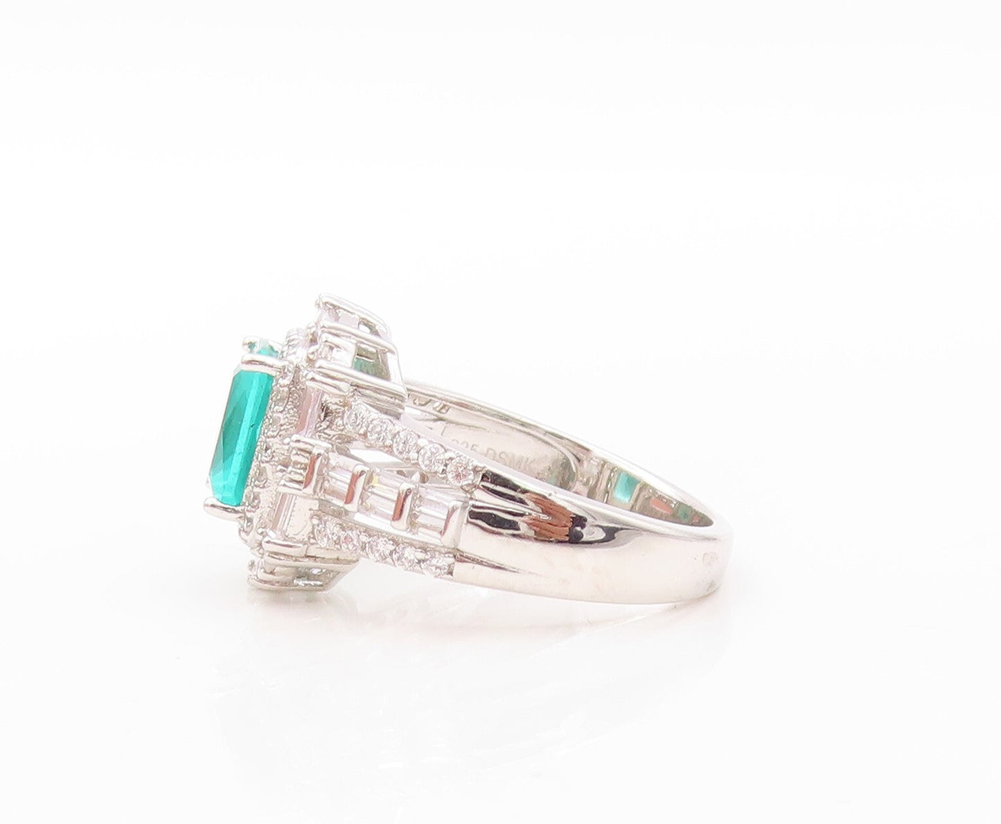 925 Sterling Silver Vintage Ring Rectangle Sea Green Halo White CZ  Sz 7 RG30852