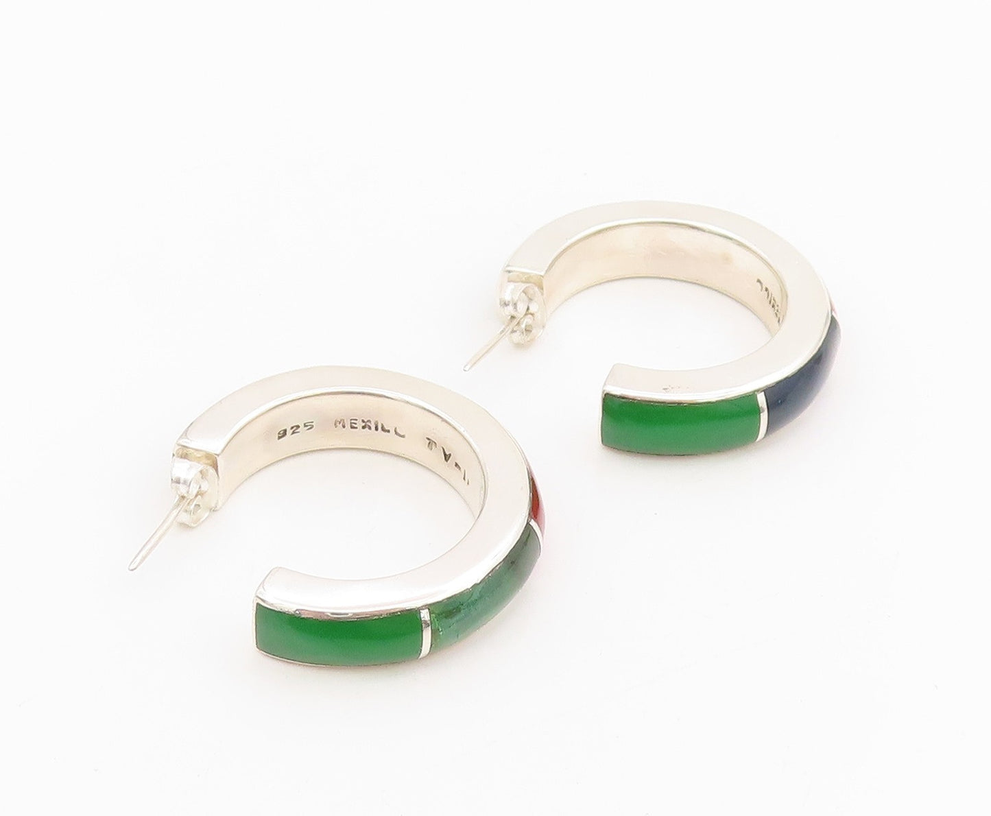 925 Sterling Silver Vintage Earrings MEXICO Multi Gemstone Inlay Hoops  EG13956