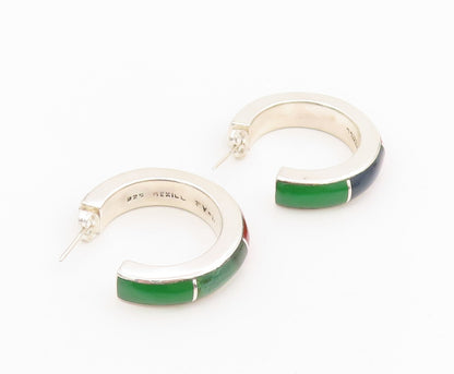 925 Sterling Silver Vintage Earrings MEXICO Multi Gemstone Inlay Hoops  EG13956