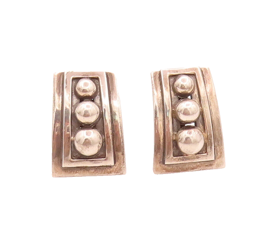 MEXICO 925 Sterling Silver Vintage Carved Rectangular Beaded Earrings  EG12474
