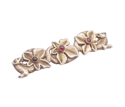 925 Sterling Silver Vintage Brooch Pin Rough Carved Ruby Flowers Row  BP10649
