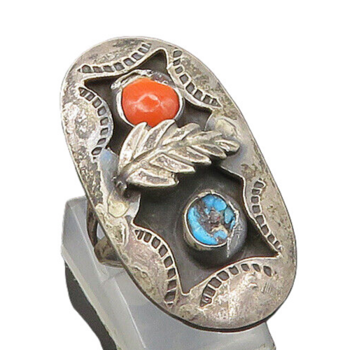 NAVAJO 925 Silver  Vintage Turquoise & Coral Feather Band Ring Sz 6  RG21738