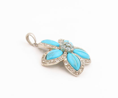 925 Sterling Silver Vintage Pendant Turquoise & Blue Topaz Floral Petal  PT26109