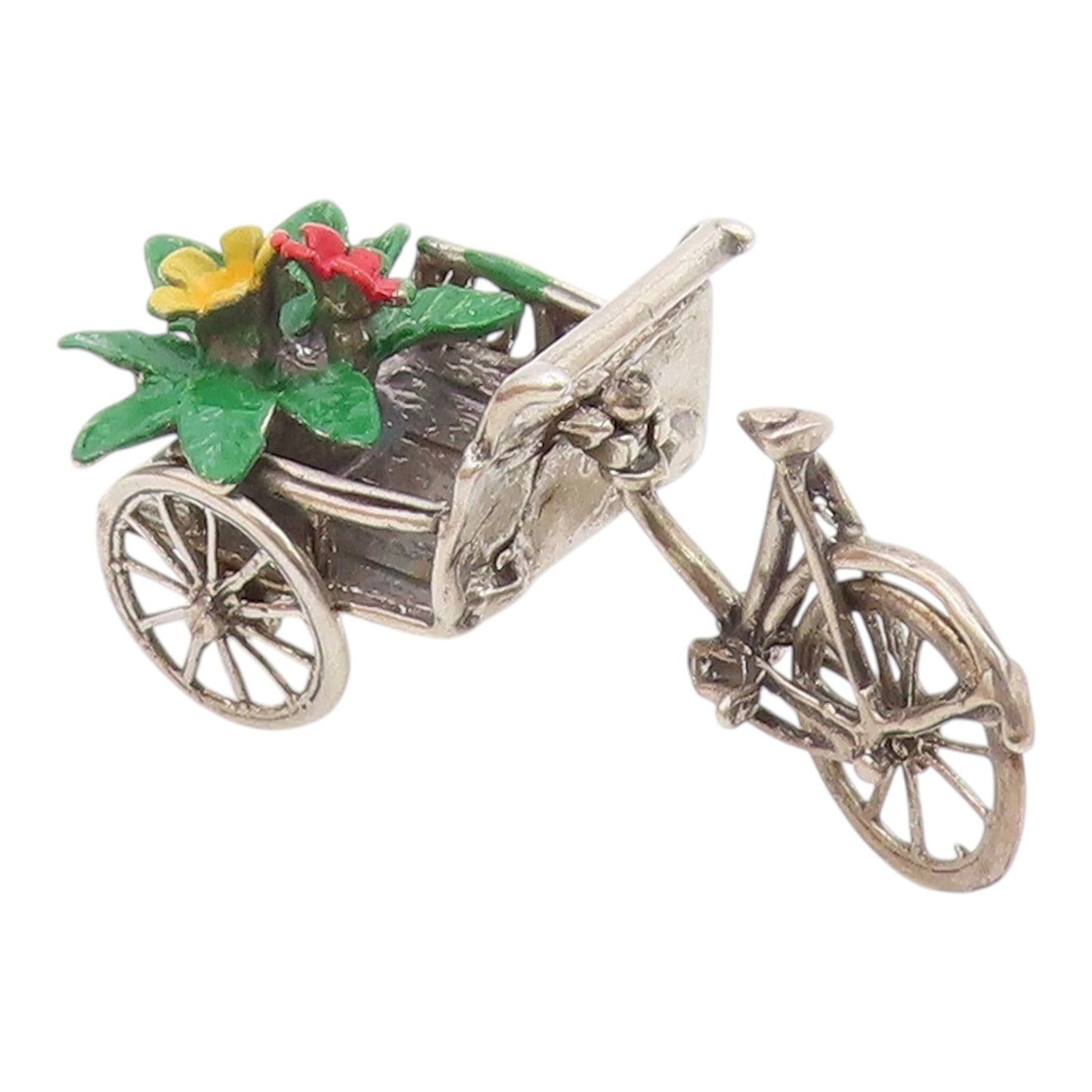 925 Sterling Silver  Vintage Enamel Flowers on Bicycle Wagon Trinket  TR2746