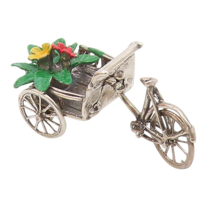925 Sterling Silver  Vintage Enamel Flowers on Bicycle Wagon Trinket  TR2746