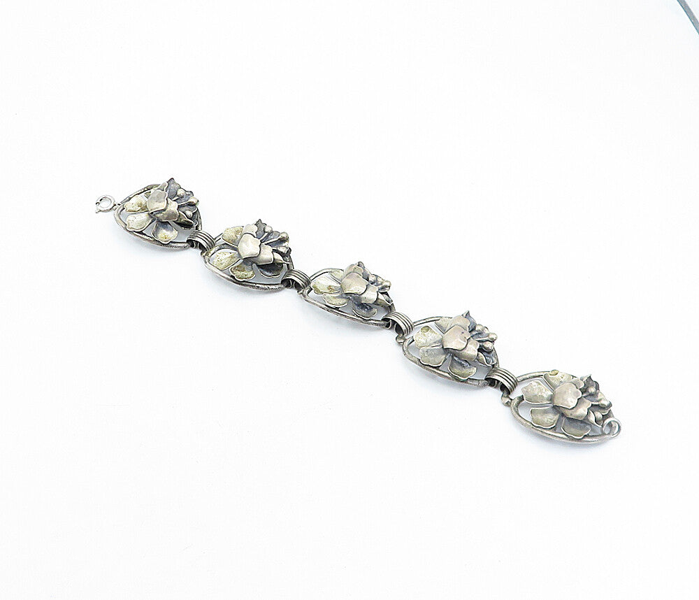 JEWELART 925 Sterling Silver  Vintage Sculpted Flower Chain Bracelet  BT1459