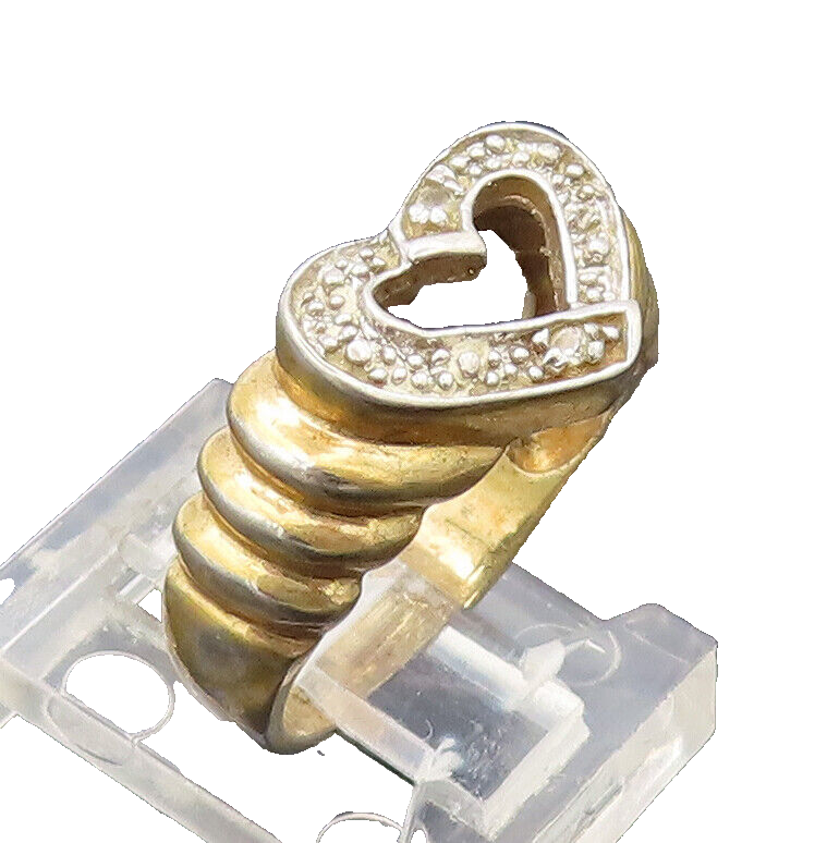 925 Sterling Silver Vintage Ring Gold Plate Carved CZ Love Heart Sz 6  RG27654