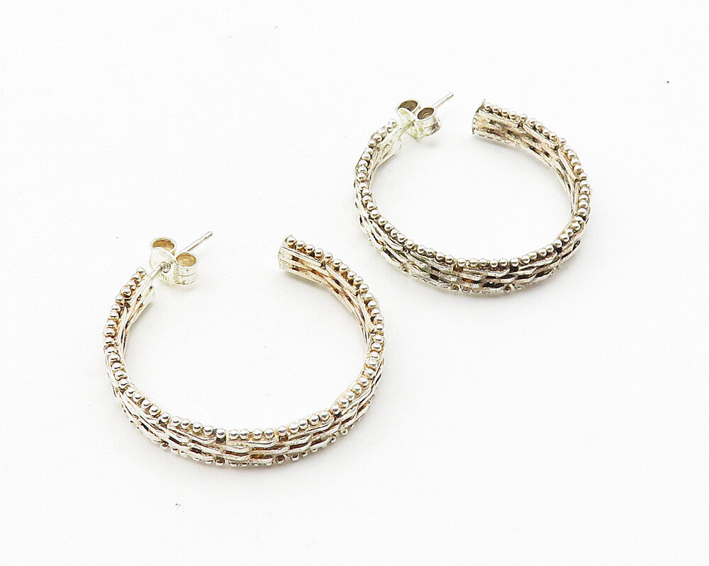 925 Sterling Silver  Vintage Shiny Weaved Detail Round JHoop Earrings  EG5575
