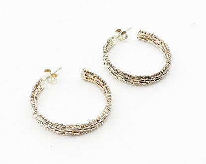 925 Sterling Silver  Vintage Shiny Weaved Detail Round JHoop Earrings  EG5575