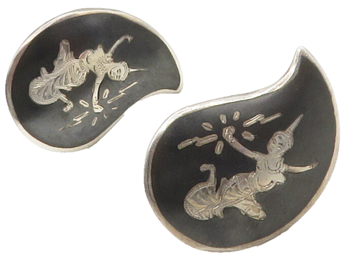 SIAM 925 Silver  Vintage Niello Enamel Dancer Non Pierce Earrings  EG8684