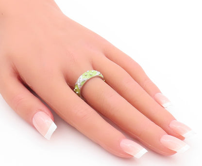 925 Sterling Silver Vintage Ring Designer Green Enameled CZ Inlay  Sz 6  RG29057