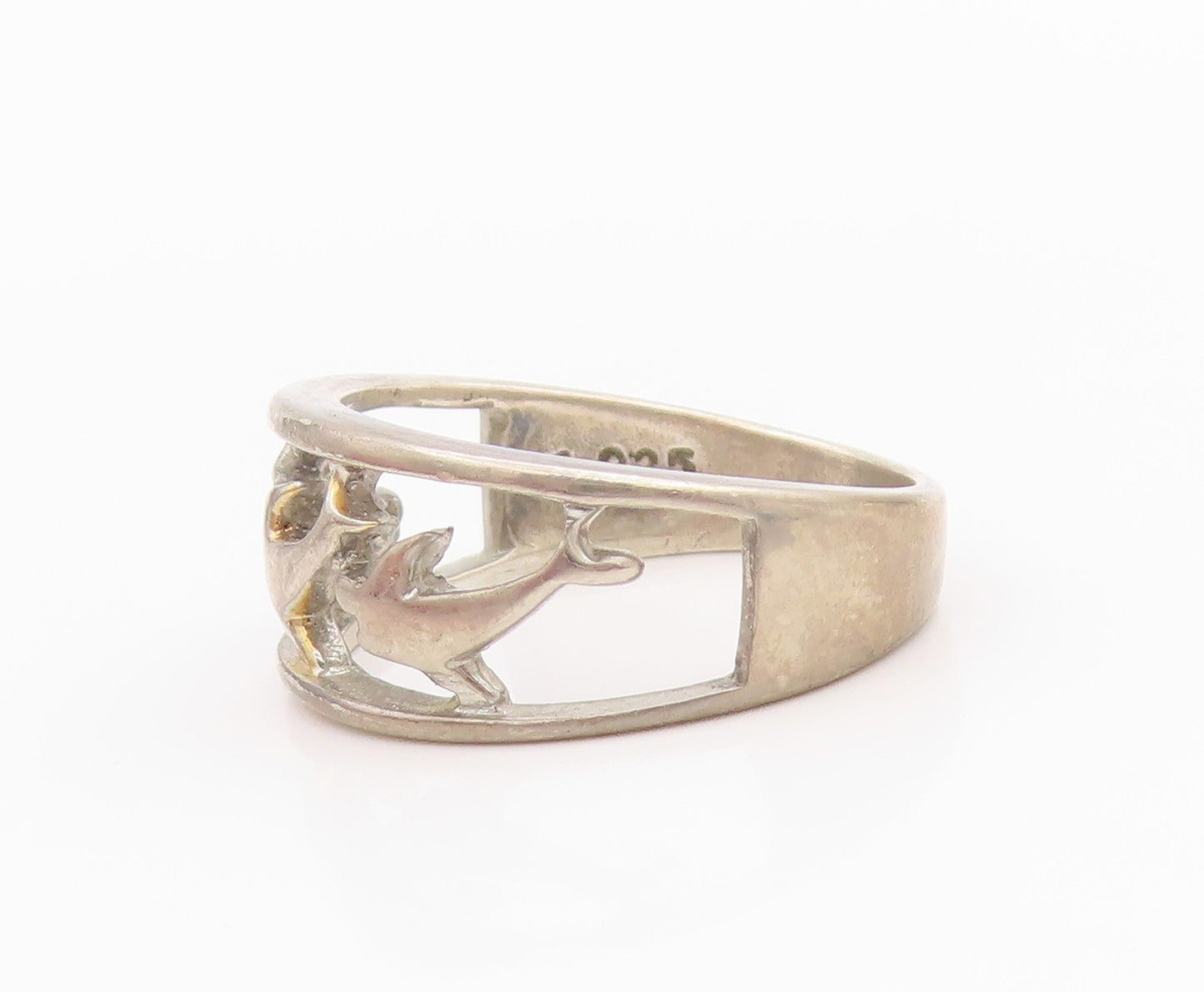 925 Sterling Silver Vintage Ring Cutout Diving Dolphins  Sz 8  RG33259