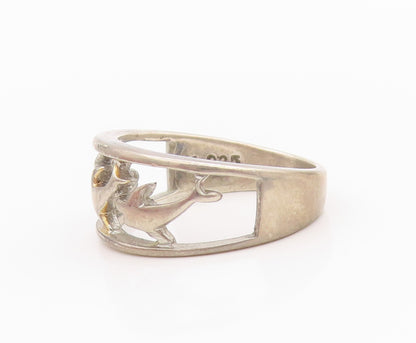 925 Sterling Silver Vintage Ring Cutout Diving Dolphins  Sz 8  RG33259