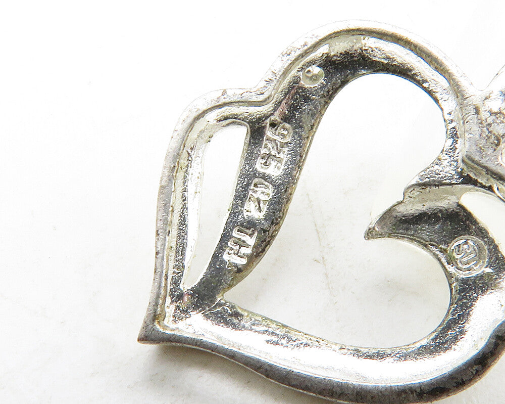 925 Sterling Silver  Vintage Genuine Diamond Open Love Heart Pendant  PT10559