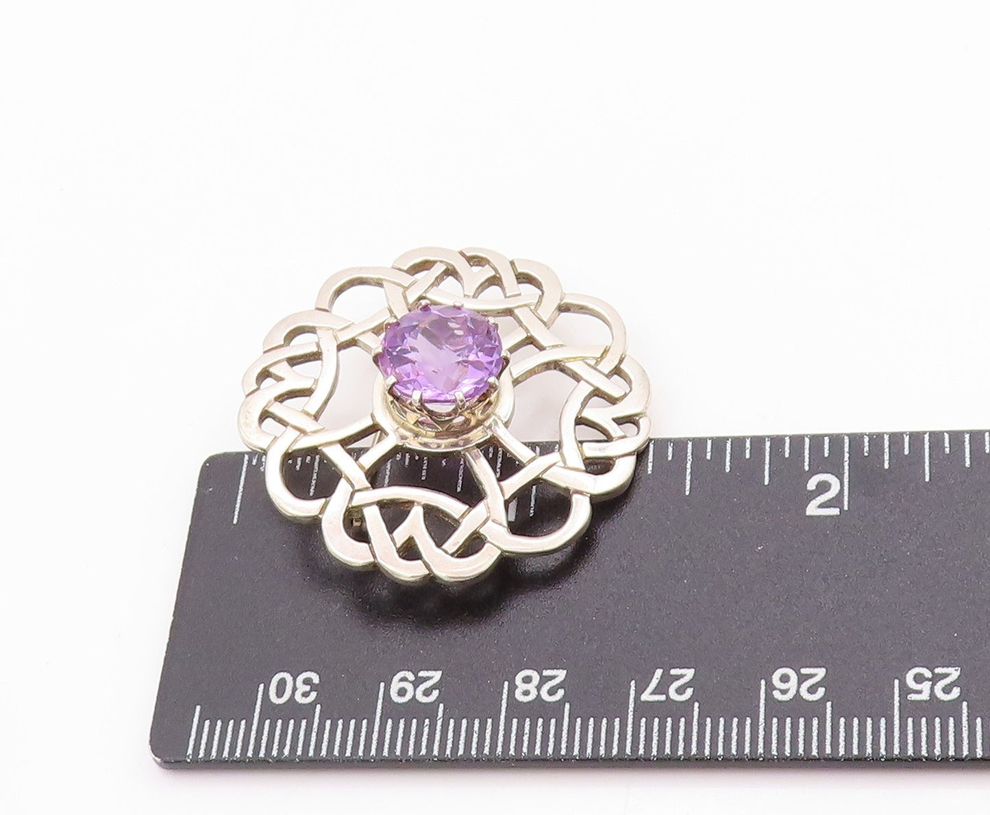 925 Sterling Silver Vintage Brooch Faceted Amethyst Celtic Cut Out Pin  BP11845