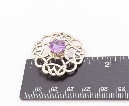 925 Sterling Silver Vintage Brooch Faceted Amethyst Celtic Cut Out Pin  BP11845
