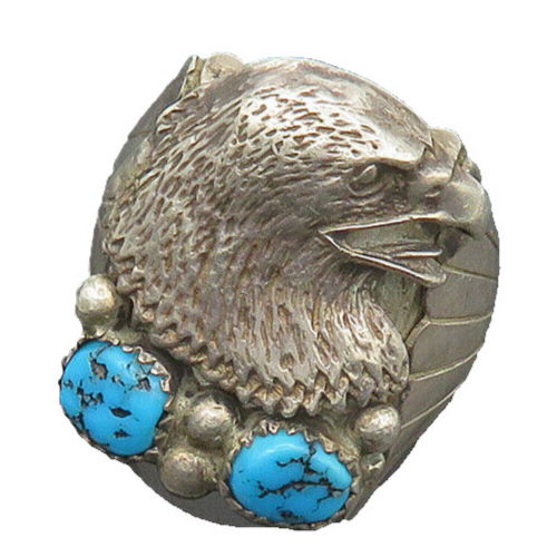 NAVAJO 925 Silver  Vintage Turquoise Eagle Head Band Ring Sz 10.5  RG18324