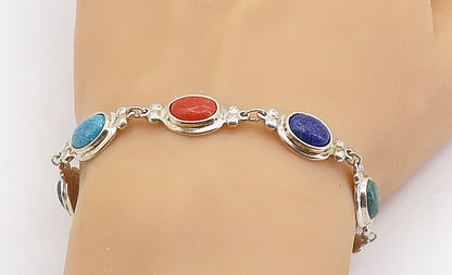 C. CO 925 Silver  Lapis Lazuli Turquoise & Coral Shiny Chain Bracelet  BT3000