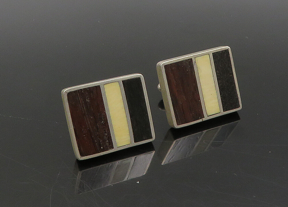 925 Sterling Silver  Vintage Inlaid Wood Heavy Square Cufflinks  TR3138