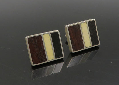 925 Sterling Silver  Vintage Inlaid Wood Heavy Square Cufflinks  TR3138