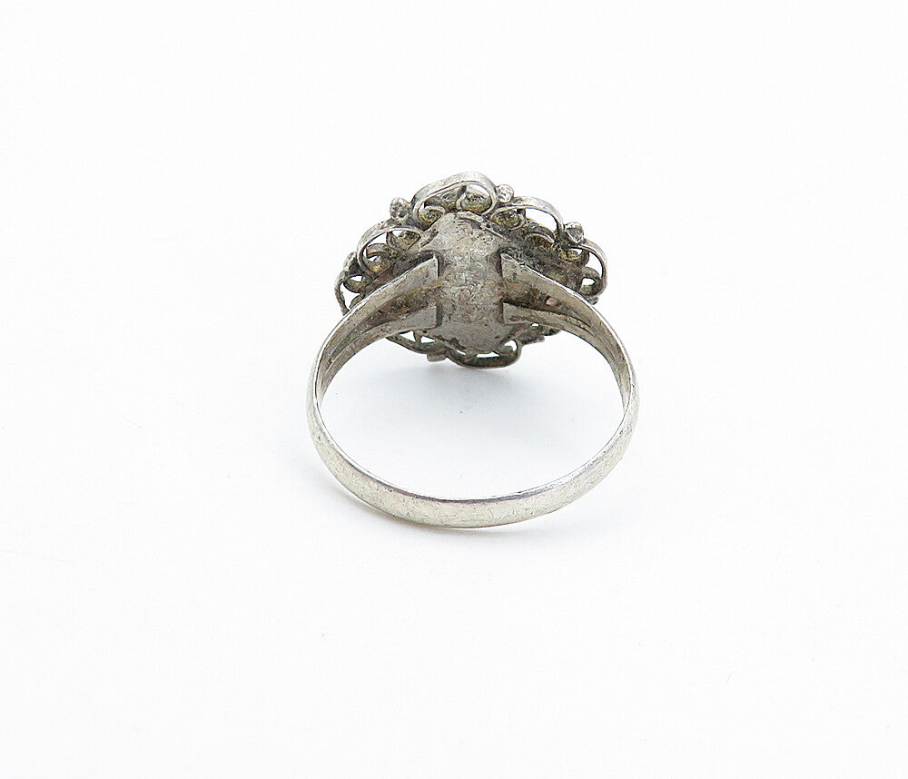 MEXICO 925 Silver  Vintage Blue Topaz Swirl Border Cocktail Ring Sz 5  RG4401