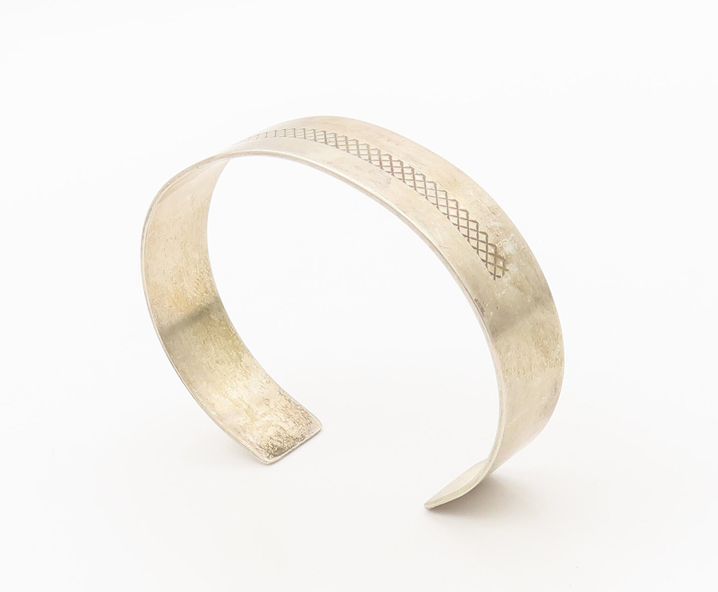 925 Sterling Silver  Vintage Brutalist Etched Square Cuff Bracelet  BT10147