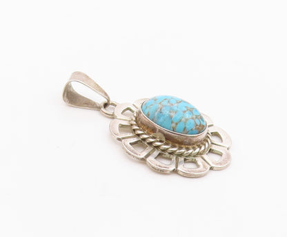 MEXICO 925 Silver  Vintage Cabochon Turquoise Flower Motif Pendant  PT16625