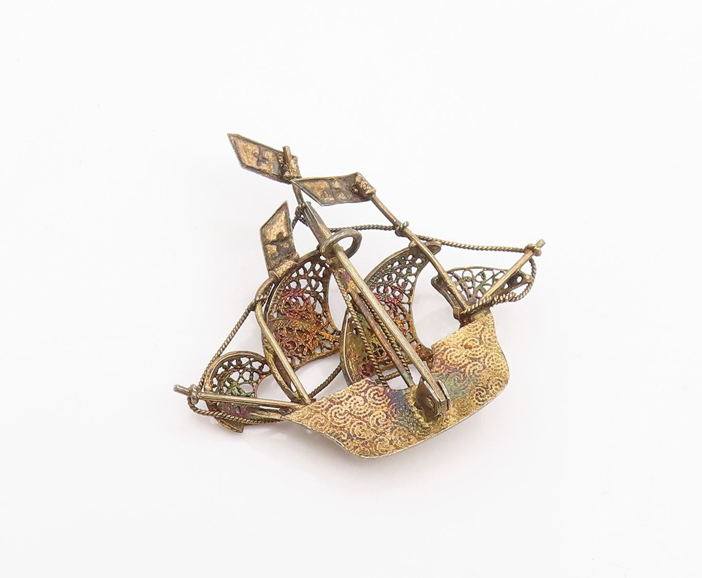 925 Sterling Silver Vintage Brooch Pin Enameled Portugal Sailing Boat  BP12372
