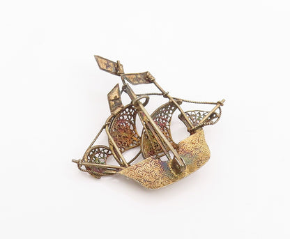 925 Sterling Silver Vintage Brooch Pin Enameled Portugal Sailing Boat  BP12372