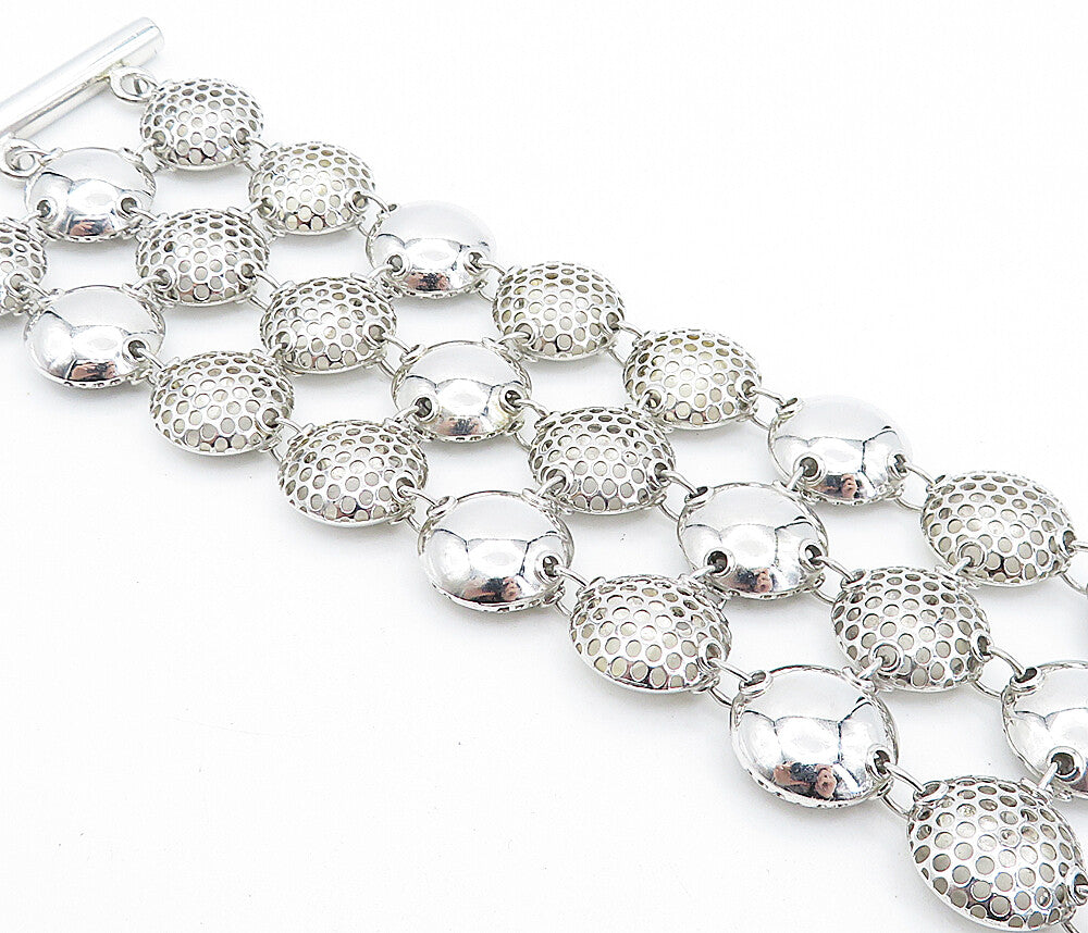 925 Sterling Silver  Hollow Cutout Detail Round Link Chain Bracelet  BT3185