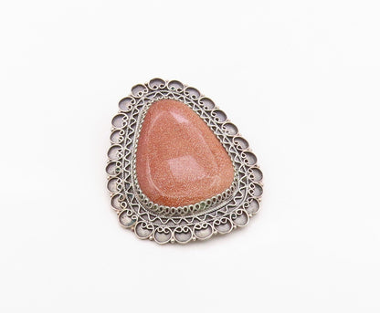 925 Sterling Silver Vintage Brooch ISRAEL Classic Goldstone Teardrop Pin BP12580