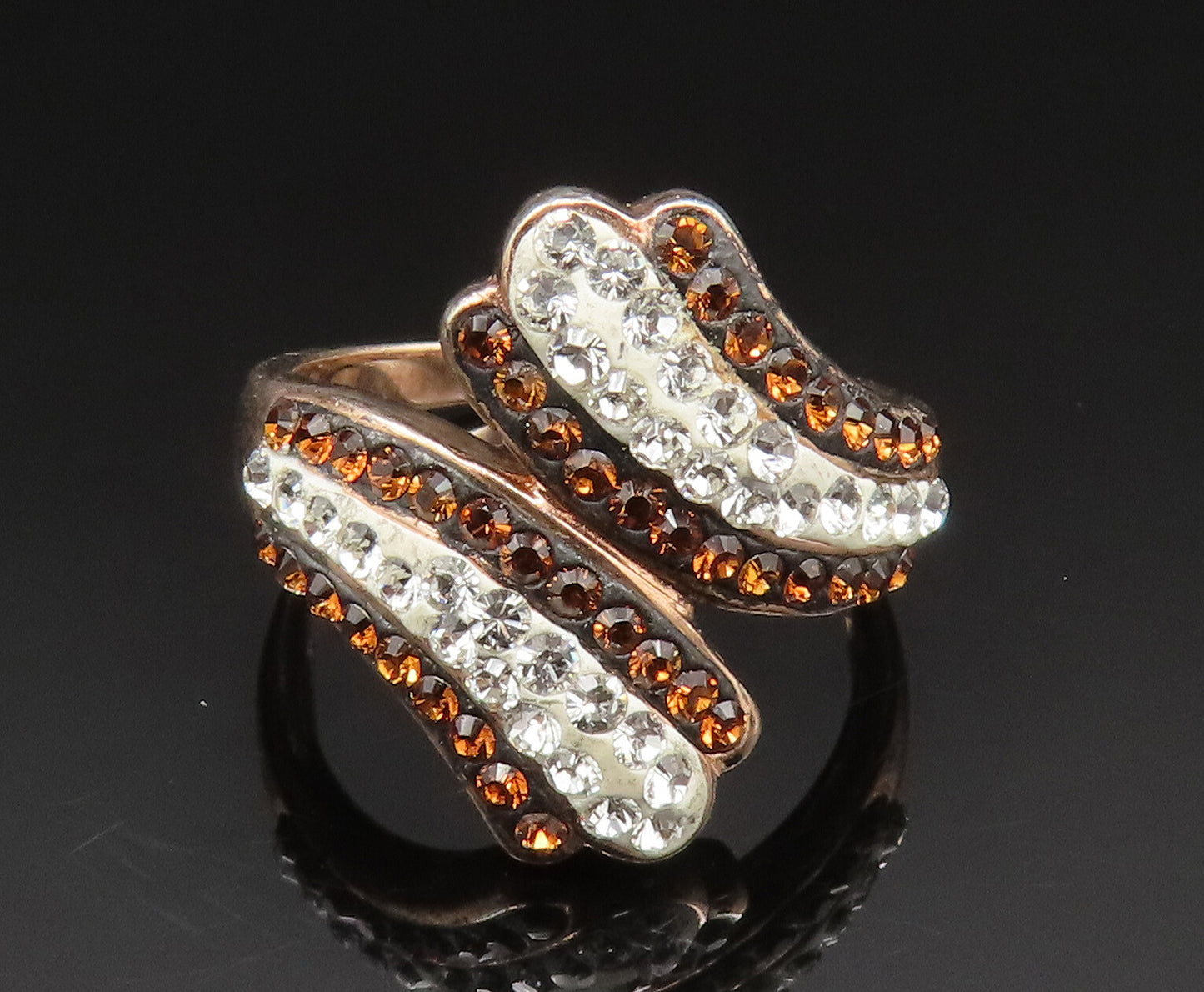 925 Sterling Silver  Vintage Sparkly Rhinestones Bypass Ring Sz 7  RG24579