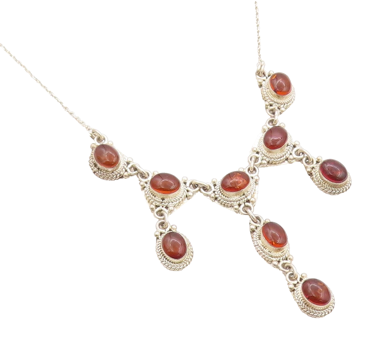 925 Sterling Silver Vintage Necklace Antique Roped Oval Cabochon Amber  NE4560