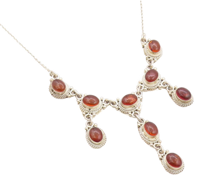 925 Sterling Silver Vintage Necklace Antique Roped Oval Cabochon Amber  NE4560