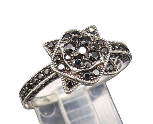 925 Silver  Vintage Shimmering Black Spinel Flower Motif Ring Sz 8  RG25701