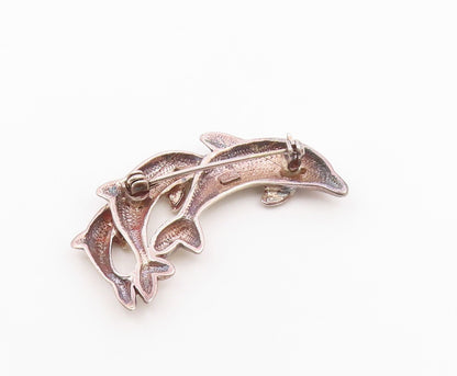 925 Sterling Silver  Vintage Shiny Triple Leaping Dolphins Brooch Pin  BP3505